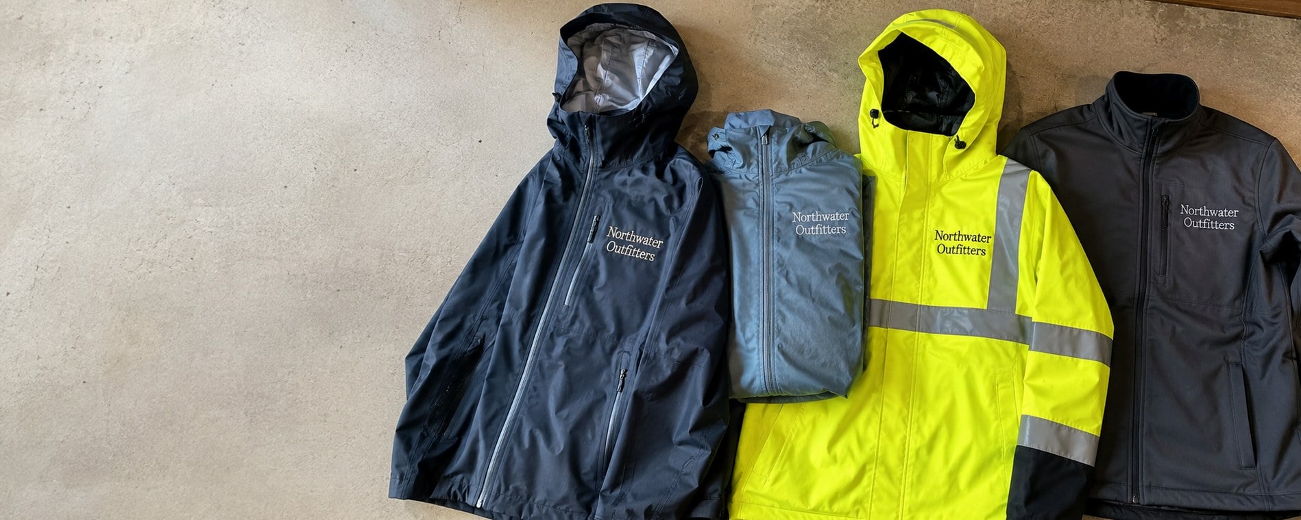 Custom printed rain jackets with an embroidered logo hanging on a rail